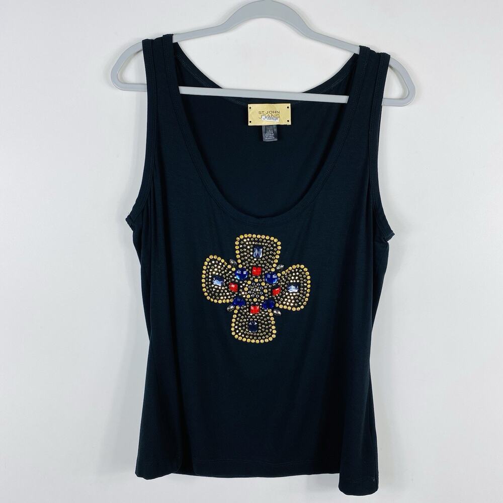 ST. JOHN Jeans Tank Top Large Black Cross Jewel Beaded Studded Sleeveless Casual